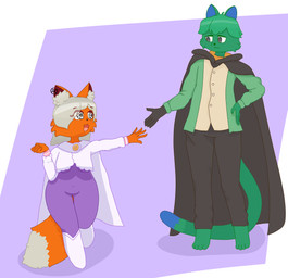 5_fingers anthro big_breasts breasts cape clothed clothing cosplay dipstick_tail duo ear_piercing ear_ring female fingers fur green_body green_fur green_hair grey_eyes grey_hair hair hair_over_eye inner_ear_fluff male male/female markings multicolored_tail no_pupils orange_body orange_fur paws piercing ring_piercing short short_hair snout spiral spiral_eyes tail tail_markings tall tuft foxmaidsus re:zero emilia_(re:zero) natsuki_subaru ploton_(foxmaidsus) syn_(foxmaidsus) canid canine domestic_cat felid feline felis fox mammal absurd_res hi_res