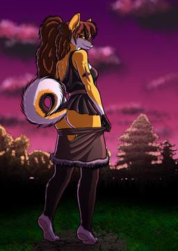 belly biped breasts brown_hair butt curled_tail dog_tail exposed fantasy female hair large_spitz long_hair looking_at_viewer looking_back looking_back_at_viewer medieval medium_breasts morning outside ponytail pose rear_view red_eyes solo tail three-quarter_view white_belly yellow_body zaiksmckraven tqfq madlaine_mckraven canid canine canis domestic_dog german_spitz mammal pomeranian spitz absurd_res cel_shading comic digital_drawing_(artwork) digital_media_(artwork) full-length_portrait hi_res pinup portrait shaded