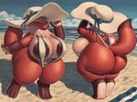 4:3 absurd_res anthro areola ball beach beach_ball big_areola big_breasts big_butt bikini breasts butt canid canine clothing dark_areola digital_drawing_(artwork) digital_media_(artwork) digital_painting_(artwork) eyes_closed female fox front_and_back front_view hat headgear headwear hi_res holding_clothing holding_hat holding_headgear holding_headwear holding_object huge_breasts huge_butt huge_thighs inflatable mammal multiple_poses neck_tuft one-piece_swimsuit outside patacon pose rear_view sea seaside short_stack sling_bikini solo standing sun_hat swimwear thick_thighs tuft water wave wide_hips