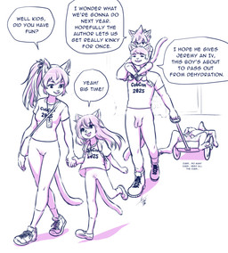 adolescent ambiguous_fluids anthro balls carrying_another clothing dialogue erection female flaccid footwear genitals group hair hand_holding handbag handcart hooves humanoid_genitalia humanoid_penis humanoid_vulva lanyard male mostly_nude penis piggyback shirt shoes smile socks speech_bubble t-shirt tail text tired topwear vulva young young_female young_male aogami cub_con jeremy_(aogami) nicky_(aogami) sammy_(aogami) deer domestic_cat felid feline felis mammal 2025 absurd_res comic digital_drawing_(artwork) digital_media_(artwork) english_text hi_res line_art monochrome shaded shaded_line_art signature brother_(lore) brother_and_sister_(lore) parent_(lore) sibling_(lore) sister_(lore)