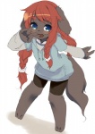 anthro barefoot biped blue_eyes blush brown_body brown_fur clothing feet female fur hair kemono long_hair open_mouth red_hair solo young havemoon canid canine canis domestic_dog mammal