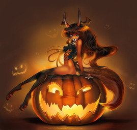anthro biped blue_eyes brown_body brown_fur brown_hair clothed clothing female food fruit fur hair jack-o'-lantern leotard long_ears long_hair looking_aside looking_at_viewer paws plant pumpkin side_view simple_background sitting sitting_on_pumpkin solo aomori canid canine fox mammal digital_media_(artwork) hi_res shaded source_request unavailable_at_source