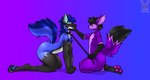 anthro big_glasses blue_body blue_fur blush collar duo eyewear femboy fur glasses hand_on_chin leash leashed_collar male male/male pawpads paws piercing purple_body purple_fur round_glasses thick_thighs pankanchan canid canine fennec_fox fox mammal maned_wolf true_fox hi_res