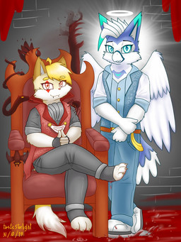 anthro beak blonde_hair blood blood_on_ground blue_body blue_eyes blue_feathers bodily_fluids bottomwear brown_body brown_fur chair cheek_tuft claws clothed clothed_anthro clothed_male clothing crossed_legs dipstick_ears duo ear_markings facial_tuft feathered_wings feathers footwear fur furniture green_body green_feathers hair holidays looking_at_viewer male markings multicolored_ears narrowed_eyes on_chair pants red_eyes shoes sitting sitting_on_chair snaggle_teeth standing tail tail_feathers text tuft white_beak white_body white_feathers white_fur wings yellow_body yellow_fur tasticstarlight halloween ali_(tasticstarlight) talia_(tasticstarlight) avian bird domestic_cat felid feline felis mammal 2019 3:4 artist_name dated hi_res