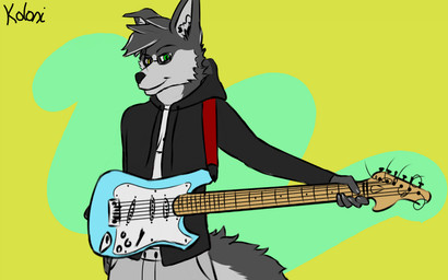 anthro bottomwear claws clothed clothing electric_guitar eyewear fluffy fluffy_ears fluffy_tail fur glasses green_eyes guitar hair heterochromia hoodie looking_at_viewer male musical_instrument pants plucked_string_instrument simple_background smile solo string_instrument tail topwear yellow_eyes koloni fender_musical_instruments_corporation stratocaster canid canine canis mammal wolf 16:10 digital_media_(artwork) signature widescreen