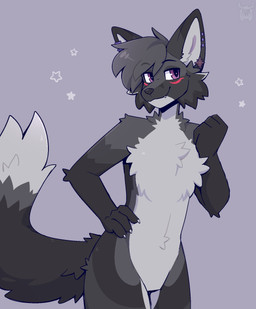 anthro black_body black_fur black_nose cheek_tuft chest_tuft claws ear_piercing facial_tuft fur grey_body grey_fur grey_hair hair male markings piercing purple_eyes red_markings short_hair simple_background smile snout solo tail tuft fleurfurr canid canine fox mammal colored colored_sketch digital_drawing_(artwork) digital_media_(artwork) hi_res shaded sketch