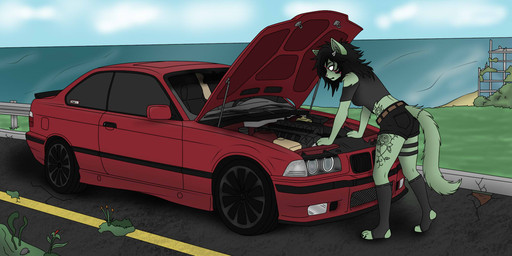 anthro bent_over bottomwear car clothed clothed_anthro clothed_female clothing engine female footwear fur green_body green_fur midriff outside post-apocalyptic red_car sea shirt shorts socks solo sports_car standing stirrup_socks tattoo topwear vehicle water white_eyes caucau123 bmw bmw_e36 khaela domestic_cat felid feline felis mammal undead zombie 2:1 hi_res