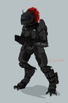 3_fingers 3_toes ambiguous_gender armor claws clothed clothing digitigrade faceless_ambiguous faceless_character feathered_crest feathers feet fingers fully_clothed gun head_crest headgear helmet holding_gun holding_object holding_ranged_weapon holding_weapon odst pauldron ranged_weapon red_body red_dot_sight red_feathers silencer simple_background solo spikes spikes_(anatomy) spurs_(anatomy) submachine_gun toe_claws toes weapon goeliath halo_(series) microsoft xbox_game_studios alien avian kig-yar scalie t'vaoan 2:3 colored hi_res shaded