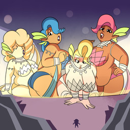 belly big_breasts breasts butt eyes_closed female group hands_behind_head huge_breasts macro male markings mole_(marking) not_furry overweight superspoe breath_of_the_wild nintendo the_legend_of_zelda cotera_(tloz) great_fairy kaysa_(tloz) link mija_(tloz) tera_(tloz) fairy humanoid hylian 1:1 2018 absurd_res hi_res