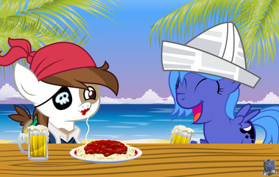 age_difference alcohol beach beer beverage blue_body blue_fur blue_hair brown_eyes brown_hair clothing cloud cutie_mark detailed_background drunk duo eating eye_patch eyes_closed eyewear feathered_wings feathers female feral food fur furniture hair happy hat headgear headwear horn long_hair male older_male open_mouth outside pasta pirate princess romantic romantic_couple royalty sand sea seaside sky smile spaghetti substance_intoxication table tongue water wings young young_feral younger_female younger_male abydos91 friendship_is_magic hasbro my_little_pony mythology pipsqueak_(mlp) princess_luna_(mlp) earth_pony equid equine horse mammal mythological_creature mythological_equine pony winged_unicorn absurd_res hi_res