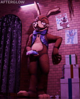 anthro bodily_fluids bottomless bottomless_anthro bottomless_male bow_tie box brick_wall buckteeth clothed clothing container genital_fluids genitals gift_box hand_on_penis holding_penis looking_at_viewer male open_clothing open_shirt open_topwear penis precum precum_on_penis purple_clothing purple_penis purple_shirt purple_topwear shirt smile smiling_at_viewer solo standing star_print stitch_(sewing) teeth topwear unusual_anatomy unusual_genitalia unusual_penis wall_(structure) whiskers afterglownsfw five_nights_at_freddy's five_nights_at_freddy's:_help_wanted scottgames glitchtrap lagomorph leporid mammal rabbit 3d_(artwork) absurd_res digital_media_(artwork) hi_res watermark