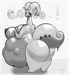 anthro belly big_belly big_breasts big_butt blush breasts butt female female_pred huge_breasts huge_butt nipples overweight overweight_female pokemon_speak slime solo tail text thick_thighs vore yeticott mythology nintendo pokemon dragon gastropod generation_6_pokemon goodra mollusk mythological_creature mythological_scalie pokemon_(species) scalie absurd_res hi_res monochrome