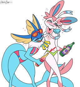 4_fingers alcohol alcohol_bottle anthro arm_around_shoulders beverage beverage_bottle big_tail blue_body blue_eyes blue_fur blue_inner_ear blush blush_lines bottle bottomwear bow_(anatomy) clothing container drunk duo eyes_closed eyewear eyewear_on_head fangs female fingers frill_(anatomy) fur green_bottomwear green_clothing green_swimwear heart_(marking) holding_alcohol holding_alcohol_bottle holding_bottle holding_container holding_object male markings open_mouth open_smile pattern_clothing pattern_swimwear pink_body pink_clothing pink_fur pink_inner_ear pink_nose pink_swimwear pink_tail ribbons_(anatomy) simple_background smile standing star_(marking) striped_clothing striped_swimwear stripes substance_intoxication sunglasses sunglasses_on_head swimwear tail teeth text wearing_sunglasses white_background white_body white_fur odeko-yma nintendo pokemon pix_(odeko-yma) vivian_(odeko-yma) eeveelution generation_1_pokemon generation_6_pokemon pokemon_(species) sylveon vaporeon 2026 absurd_res artist_name dated hi_res