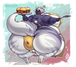 abstract_background anthro anus apron belly big_anus big_belly big_breasts big_butt breasts burger butt claws clothing dreadlocks female food genitals holding_object horn huge_anus huge_butt hyper hyper_anus jewelry looking_back markings nipples obese open_mouth overweight puffy_anus rear_view solo spatula tail thick_tail tools tray vulva white_body yellow_anus yellow_claws yellow_eyes yellow_nipples yellow_vulva sv3n ceratopsian ceratopsid chasmosaurine dinosaur marginocephalian ornithischian prehistoric_species reptile scalie triceratops hi_res