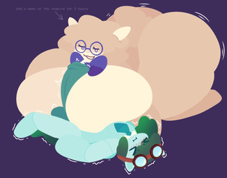accessory anthro balls big_breasts big_butt big_penis biped blue_body blush blush_lines bow_tie breast_play breasts butt duo eyelashes eyes_closed eyewear eyewear_on_head featureless_breasts featureless_feet feet female genitals glasses goggles goggles_on_head green_hair hair huge_breasts huge_butt huge_penis huge_thighs lying male male/female monotone_body mostly_nude narrowed_eyes necktie on_back open_mouth penis plushie purple_background sex shaking simple_background size_difference tail tan_body text thick_thighs three-quarter_view titfuck cocoaberry lovedoll_toy_factory fan_character gryphxander animate_inanimate bovid caprine equid equine living_plushie mammal sheep 2026 digital_media_(artwork) english_text flat_colors hi_res