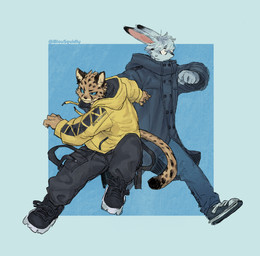 anthro biped clothed clothing dipstick_ears dipstick_tail duo ear_markings eyewear fingers glasses male markings multicolored_ears tail tail_markings blousquidly axel_(blousquidly) squid_(blousquidly) cheetah felid feline hare lagomorph leporid mammal absurd_res hi_res