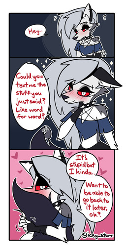 anthro black_eyelids blush bodily_fluids clothing collar covering covering_face crop_top dialogue ears_down female flirting flirting_with_viewer hair hand_on_neck holding_arm holding_tail midriff pentagram_top pivoted_ears question_mark red_sclera shirt shy solo speech_bubble spiked_collar spikes sweat tail tail_hug tail_motion tailwag talking_to_viewer text topwear white_hair icey_(artist) hellaverse helluva_boss mythology loona_(helluva_boss) canid canid_demon canine demon hellhound mammal mythological_canine mythological_creature 2026 absurd_res comic digital_media_(artwork) english_text hi_res