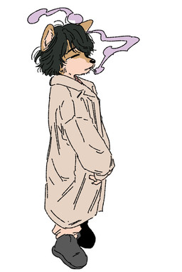 anthro black_hair cigarette clothing coat footwear hair male shoes simple_background smoking solo standing topwear sori0414 cure_(movie) mamiya_(cure) canid canine canis domestic_dog mammal shiba_inu spitz hi_res