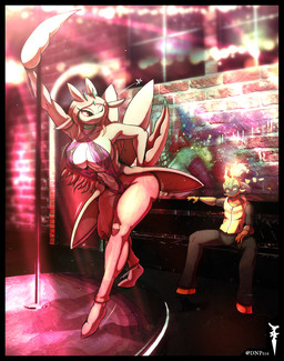 anthro big_breasts big_butt breasts butt clothed clothing female male pole skimpy stripper_pole thigh_thighs wide_hips dnp101 nintendo pokemon armarouge arthropod generation_7_pokemon generation_9_pokemon insect lurantis pokemon_(species)