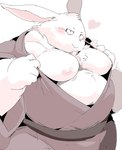 anthro asian_clothing belly big_belly blush clothing east_asian_clothing heart_symbol humanoid_hands japanese_clothing kemono male moobs nipples overweight overweight_male pink_nose simple_background solo white_body sigenoya takotyutyu lagomorph leporid mammal rabbit 2022 hi_res