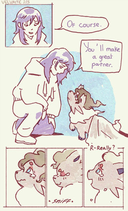 bodily_fluids brown_hair clothed clothing cursed dialogue duo female feral fur grey_body grey_fur hair hair_loss helpful hoodie inside inside_clothing long_hair mane mid_transformation oversized_clothing purple_hair red_body red_fur shirt size_difference speech_bubble tears text topwear transformation trapped_in_clothing white_body white_fur velvaite nintendo pokemon canid canine fox generation_8_pokemon hisuian_form hisuian_zorua human mammal pokemon_(species) regional_form_(pokemon) comic english_text hi_res