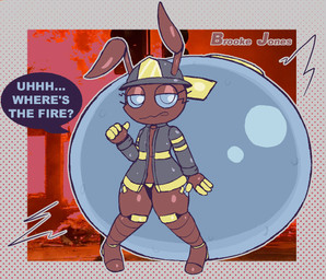 antennae_(anatomy) anthro armor arthropod_abdomen big_abdomen clothing exoskeleton female firefighter firefighter_helmet firefighter_uniform headgear helmet solo text uniform lizardfungus ant arthropod honeypot_ant hymenopteran insect english_text