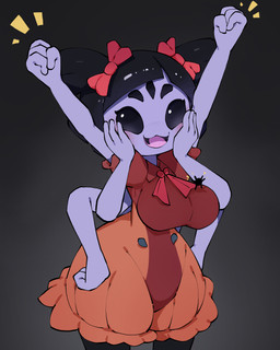 4_fingers 5_eyes 6_arms big_breasts black_eyes black_hair breasts clothed clothed_female clothing female fingers fist front_view hair hand_on_cheek hand_on_face hands_on_hips multi_arm multi_eye multi_limb open_mouth open_smile orange_clothing pigtails purple_body red_clothing simple_background small_waist smile solo wide_hipped_female wide_hips abyss_creature_(artist) undertale undertale_(series) muffet arachnid arthropod spider 2025 4:5 absurd_res digital_media_(artwork) hi_res korean_description portrait three-quarter_portrait
