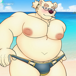 anthro barazoku beach belly cigarette clothing eyewear fur fur_tuft glasses hair looking_at_viewer male overweight overweight_male pecs ponytail seaside slightly_chubby slightly_chubby_male solo speedo summer swimwear teasing tuft undressing lucknomz lifewonders tokyo_afterschool_summoners leib_(tas) bear mammal 1:1 hi_res
