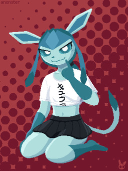 :3 anthro biped black_bottomwear black_clothing black_skirt blue_body blue_eyes blue_fur blue_hair blue_sclera blue_tail bottomwear clothing crop_top finger_on_mouth fur gloves_(marking) hair halftone_background kneeling logo male markings navel pattern_background pleated_skirt ponytail red_background shirt simple_background skirt slight_smile smile smirk solo tail text text_on_clothing text_on_shirt text_on_topwear tied_shirt topwear white_clothing white_crop_top white_topwear anonster nintendo pokemon sealer_(sealer4258) eeveelution generation_4_pokemon glaceon pokemon_(species) 3:4 digital_media_(artwork) halftone hi_res pixel_(artwork) watermark