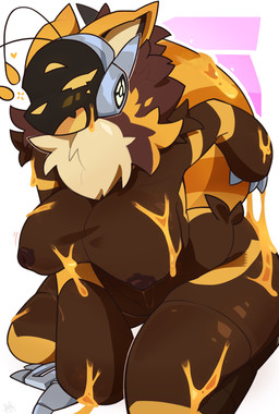 antennae_(anatomy) anthro big_breasts big_butt blush bodily_fluids breast_squish breasts brown_body brown_nipples butt claws fangs female flirting fluffy happy kneeling lactating leaning leaning_forward liquid looking_at_viewer machine mane metallic_body nipples sitting slightly_chubby smile solo squish stripes tail teeth wet yellow_stripes egobitz arthropod bee hymenopteran insect protogen absurd_res hi_res