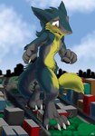 anthro building city city_background claws destroyed_building destruction fangs fluffy flustered fur green_body green_fur grey_body grey_fur growth macro male paws red_eyes rubble shy solo stomping tail tail_tuft teeth tuft yellow_body yellow_fur catmonkshiro brom_(sahurus) sergal absurd_res hi_res
