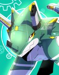 abstract_background ambiguous_gender anthro armor green_body gun horn looking_at_viewer quadruped railgun ranged_weapon solo weapon yellow_eyes zigzag_mouth zoricus3 bandai_namco digimon digimon_ghost_game ceratopsian digimon_(species) dinosaur ornithischian prehistoric_species reptile scalie triceratops wezengammamon hi_res