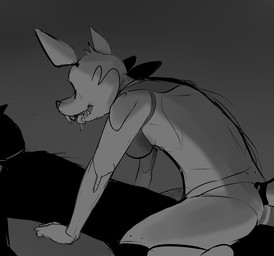 anthro anthrofied bodily_fluids breasts butt crossgender dark duo faceless_character faceless_male female grey_background machine male mtf_crossgender on_top open_mouth saliva sharp_teeth simple_background straddling teeth tongue tongue_out conditional_dnp dacad five_nights_at_freddy's scottgames foxy_(fnaf) animatronic canid canine fox human mammal robot robot_anthro monochrome