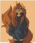 anthro border bridge_piercing brown_eyes brown_hair cheek_piercing clothed clothing countershade_legs countershade_thighs countershade_torso countershading ear_piercing ear_ring facial_piercing female fingers front_view fur hair hip_tattoo hoodie inner_ear_fluff legwear long_hair long_tail looking_at_viewer nose_piercing one_ear_up piercing ring_piercing simple_background solo standing tail tan_body tan_fur tattoo thigh_highs topwear tuft tinygaypirate apogee_(tinygaypirate) canid canine canis domestic_dog mammal spitz 2024 absurd_res hi_res