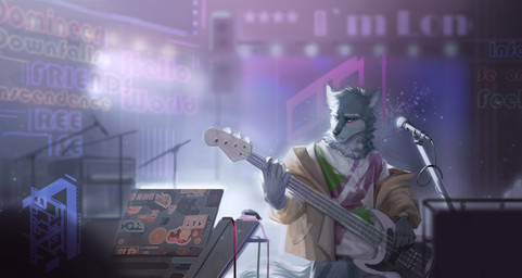 anthro bass_guitar blue_eyes clothed clothing electronics facial_markings front_view fur glistening glistening_eyes green_clothing green_topwear grey_body grey_ears grey_fur grey_nose guitar head_markings head_tuft holding_guitar holding_musical_instrument holding_object logo male markings microphone mouth_closed musical_instrument neck_tuft playing_guitar playing_music plucked_string_instrument purple_clothing purple_topwear red_markings solo string_instrument tan_clothing tan_topwear topwear tuft white_body white_clothing white_fur white_inner_ear white_topwear awaldkize canid mammal absurd_res artist_logo half-length_portrait hi_res portrait