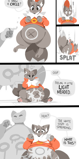 ambiguous_gender anthro belly big_belly biped bottomless circle clothed clothing comic_panel dialogue dipstick_tail drop duo ear_tuft fur goo_transformation half-closed_eyes hand_on_head hoodie inner_ear_fluff looking_down lying male markings narrowed_eyes on_front on_ground onomatopoeia open_mouth pawpads paws pear-shaped_figure pivoted_ears simple_background slime smile sound_effects speech_bubble splat tail tail_markings tail_tuft text topwear transformation tuft white_background wide_eyed wide_hips worried sutihukka suti_(sutihukka) canid canine fox goo_creature mammal 2026 absurd_res comic english_text hi_res