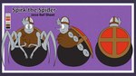 4_arms 4_legs armor black_body brown_body brown_eyes brown_helmet brown_tuft chest_tuft clothing feral front_view grey_body grey_hair grey_helmet grey_nose hair hat headgear headwear helmet male multi_arm multi_limb multicolored_body multicolored_hat purple_background rear_view red_clothing red_hat red_headwear shield shield_on_back side_view simple_background solo standing text tuft 8-bit-britt spirk_(8-bit-britt) arachnid arthropod spider 2020 digital_media_(artwork) english_text hi_res model_sheet