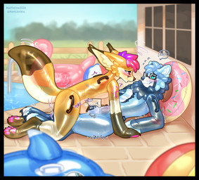 anthro black_border border bulge bulge_frottage duo frottage handles_on_arms handles_on_hips inflatable male male/male novadust null_bulge onomatopoeia penile penises_touching pool_toy poolside sex sound_effects swimming_pool text translucent maefeline conicaw ailurid animate_inanimate canid canine fennec_fox fox living_inflatable mammal red_panda true_fox hi_res