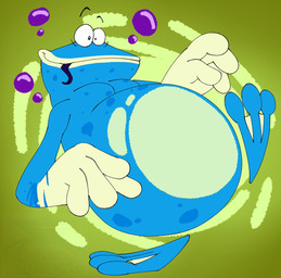 3_toes 4_fingers black_tongue blue_body blue_skin bubble eyebrows feet fingers green_background male membrane_(anatomy) raised_eyebrows simple_background solo toes tongue webbed_feet wide_eyed pt80s0up rayman_(series) ubisoft globox amphibian frog