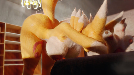3_fingers anthro areola bent_over big_breasts big_butt breasts brown_claws butt claws digimorph female fingers fur inside lamp neck_tuft nipples pink_areola pink_nipples raised_tail shelf solo stretching tail thick_thighs tuft white_body white_fur yellow_body yellow_fur mrs_dexie furromantic_(modeler) bandai_namco digimon renamon_(furromantic) canid canine digimon_(species) mammal renamon 2025 3d_(artwork) absurd_res digital_media_(artwork) hi_res
