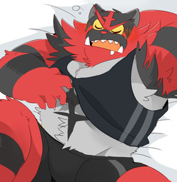 5_fingers anthro arm_tuft armpit_hair bed biped black_body black_clothing black_fur black_shirt black_stripes black_topwear black_underwear blush bodily_fluids body_hair boxer_briefs bubble bulge cheek_tuft clothed clothing clothing_lift countershade_torso countershading drooling drunk drunk_bubble eyebrows eyes_closed facial_tuft fangs fingers front_view frown fur fur_tuft furniture grey_body grey_countershading grey_fur hand_behind_head hand_on_chest humanoid_hands light lying male midriff multicolored_body multicolored_fur muscular muscular_anthro muscular_male on_back on_bed open_frown open_mouth orange_tongue raised_arm raised_leg red_body red_eyebrows red_fur red_nose saliva scratching shadow shirt shirt_lift shoulder_tuft sleep_fetish sleeping solo striped_body striped_fur stripes substance_intoxication tank_top teeth tongue topwear tuft two_tone_body two_tone_fur underwear unibrow yellow_sclera hyaku_(artist) nintendo pokemon felid generation_7_pokemon incineroar mammal pantherine pokemon_(species) 2019 digital_drawing_(artwork) digital_media_(artwork) half-length_portrait lighting portrait