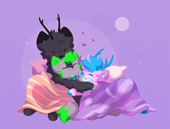 ambiguous_gender anthro bedding blanket collar collar_only eyebrows eyes_closed group group_hug hair heart_symbol hooves hug hugging_another moon nude paws pillow raised_eyebrows short_hair sleeping sleeping_together smile star tail trio shiones canid canine deer mammal 2025 colored digital_drawing_(artwork) digital_media_(artwork) hi_res shaded