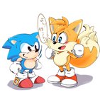 anthro black_eyes blue_body blue_eyes blue_fur chibi clothing dialogue duo fist footwear fur gloves handwear male nodding shoes simple_background smile speech_bubble standing text white_background white_body white_fur yellow_body yellow_fur young young_anthro mennnntaiko classic_sonic_(universe) sega sonic_the_hedgehog_(series) classic_sonic miles_prower sonic_the_hedgehog canid canine eulipotyphlan fox hedgehog mammal 2019 hi_res japanese_text translated