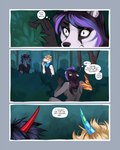 2021 4:5 5_fingers anthro badger black_body black_fur black_hair blue_horn breasts ciel_(cinderfrost) cinderfrost clothed clothing comic day demicoeur detailed_background dialogue digital_media_(artwork) english_text equid equine female fiera_(cinderfrost) fingers forest fur grey_body grey_fur group hair hi_res hiding highlights_(coloring) horn long_hair male mammal mustelid musteline mythological_creature mythological_equine mythology noir_(demicoeur) nude outside plant purple_hair purple_highlights red_horn side_boob text thought_bubble tree trio unicorn