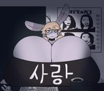 anthro big_breasts blonde_hair breast_squish breasts cleavage clothed clothing eyewear female hair huge_breasts hyper hyper_breasts solo squish tired tired_eyes teabunni tea_(teabunni) lagomorph leporid mammal rabbit absurd_res hi_res