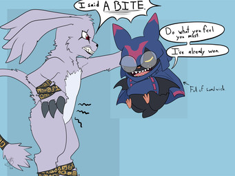 angry anthro claws cloak clothing cowl crumbs duo eyewear fur glasses grey_body grey_fur humor male sharp_teeth size_difference teeth text wings roguemorpho bandai_namco digimon pipstrello sigsegv chiropmon digimon_(species) gazimon 4:3 english_text hi_res letterbox