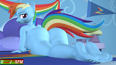 anthro big_butt biped breasts butt detailed_background eyelashes female hair inside looking_at_viewer looking_back lying mouth_closed nude pupils smile solo thick_thighs three-quarter_view dj_ballistic5 friendship_is_magic hasbro my_little_pony rainbow_dash_(mlp) equid equine mammal 16:9 3d_(artwork) digital_media_(artwork) hi_res widescreen