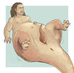 3_toes anus demi_transformation erection feet feral feral_transformation genitals hair long_hair lying male mid_transformation on_back penis shocked simple_background size_transformation solo species_transformation tail tail_anus tailbutt thick_tail toes transformation mulveyyy dinosaur human mammal prehistoric_species reptile scalie hi_res