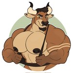 2_horns anthro big_moobs big_muscles big_pecs brown_body brown_facial_hair brown_fur brown_hair brown_nipples clothing ear_piercing facial_hair facial_piercing fur goatee green_eyes hair horn huge_muscles looking_at_viewer male moobs mostly_nude muscular muscular_anthro muscular_male navel nipple_piercing nipples nose_piercing pecs piercing shirt solo tan_body tan_fur tank_top topwear nandarazzi bovid bovine cattle mammal hi_res