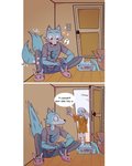 2020 4:5 anthro beastars blush bottomwear bunny_slippers canid canine canis clothed clothing comic detailed_background dialogue domestic_rabbit door duo dwarf_rabbit eden_fries english_text eyes_closed female fully_clothed fur haru_(beastars) hi_res inside lagomorph larger_male legoshi_(beastars) leporid light_switch male mammal musical_note oryctolagus pants rabbit shirt sitting size_difference smaller_female speech_bubble surprise t-shirt text topwear white_body white_fur wolf